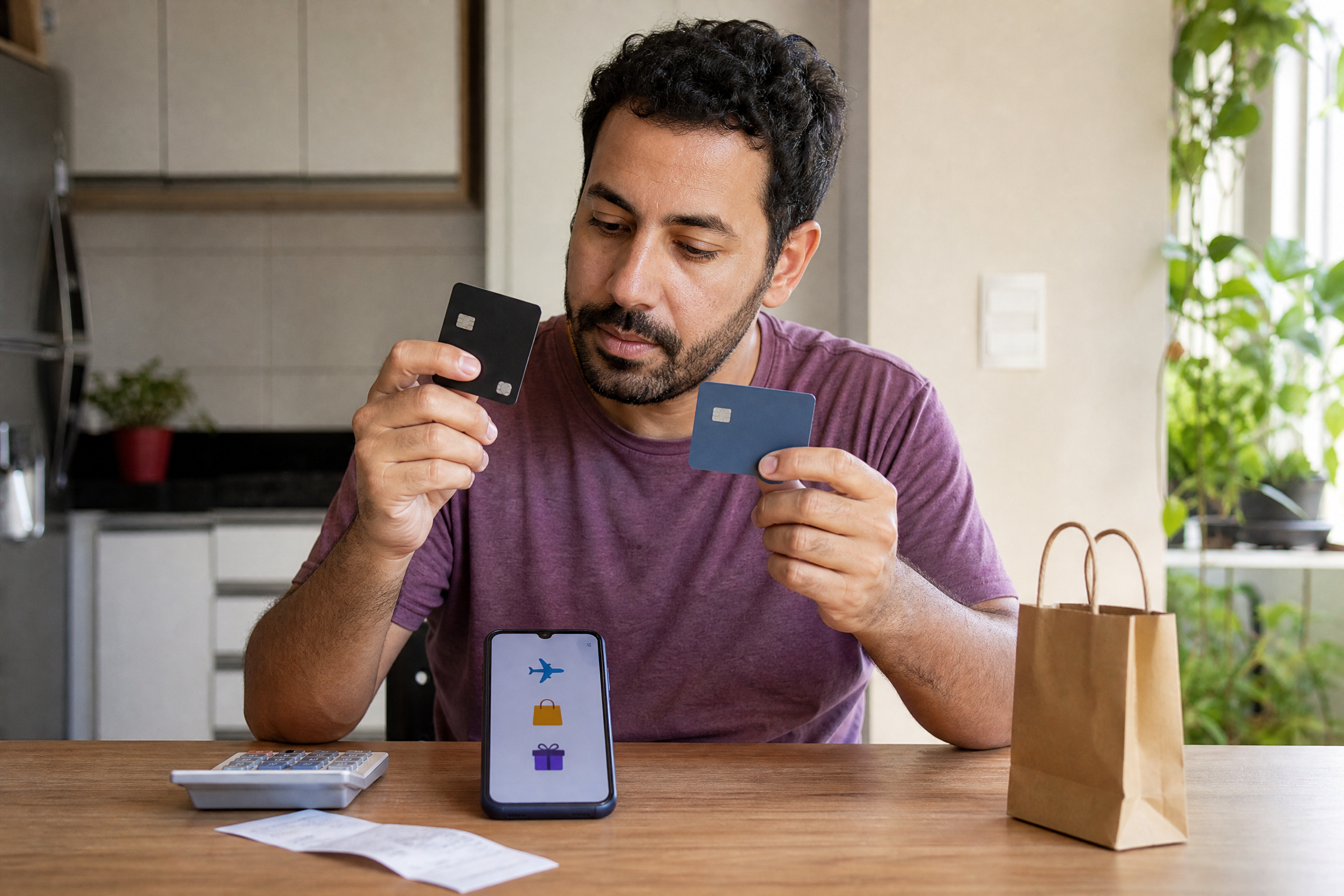 Pessoa comparando cartão sem anuidade com cashback e pontos